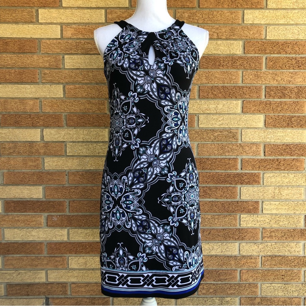 White House Black Market Dress Size XXS Black Teal Blue Keyhole Lined Stretch